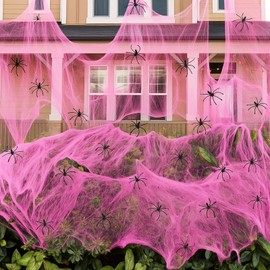Tellingyou 300 Sqft Halloween Pink Spider Webs Decorations with 30 Extra Fake Spiders, Super Stretchy Cobwebs for Halloween Decor Indoor and Outdoor