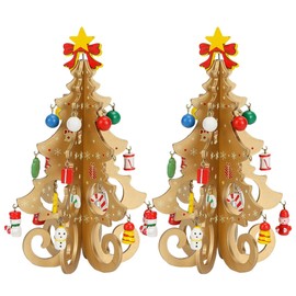 2 Pieces 7.5 Inch Wooden Mini Christmas Tree Miniature Tabletop Small Christmas Tree, 3D Xmas Tree with Mini Ornaments Wooden Pine Tree for Xmas Holiday Party Home Desktop Decoration (Gold)