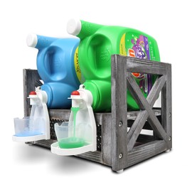 Besuerte Wooden Counter Stand Detergent Holder-laundry Detergent Organizer-Liquid Detergent Dispenser-Farmhouse Laundry Detergent Storage Hold Two Detergent Bottles, Rustic Grey