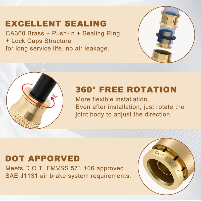 Boeray 5/16" Quick Push to Connect Fittings Brass Union Straight