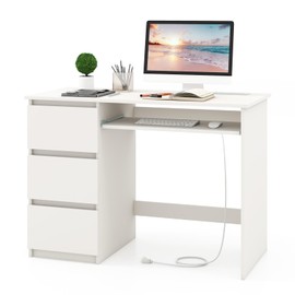 Tangkula White Desk with 3 Storage Drawers & Built-in Charging Station, Home Office Desk with Keyboard Tray, PC Desk Study Writing Desk, Vanity Table for Bedroom, Computer Workstation (White)