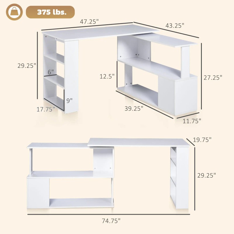 360 Degree Rotating White L-Shaped Corner Computer Desk Home Office