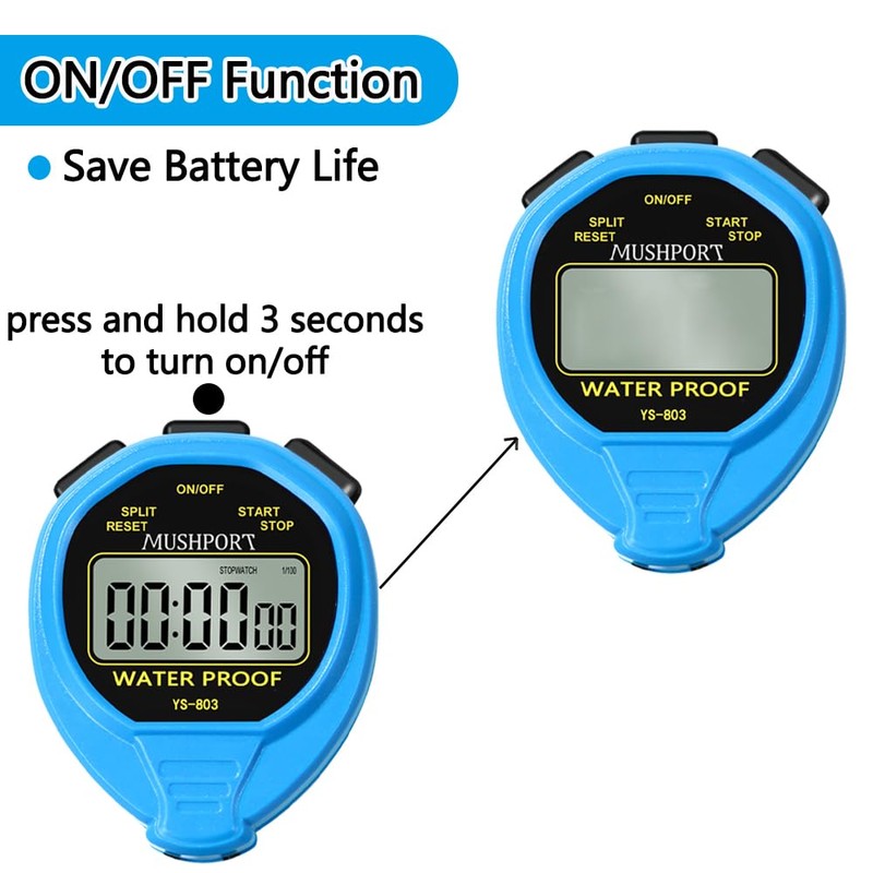MUSHPORT Waterproof Stopwatch Timer Only Stopwatch Mode, ON/Off Silent No-Clock