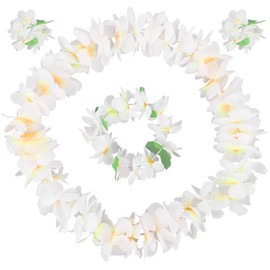 ABOOFAN 4 Pcs Hawaiian Headpiece Thicken Artificial Flower Headband Necklace Bracelet Hawaiian Garland Tropical Beach Party Fancy Decors (White) Hawaii Party