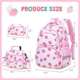 DIGOBAY Kids Backpack for Girls, 3PCS Toddler Girls Backpack Set with Lunch Box & Pencil Case, School Bag Cute Bookbag for Preschool Kindergarten Elementary Student Ages 3-12, Beige Strawberry