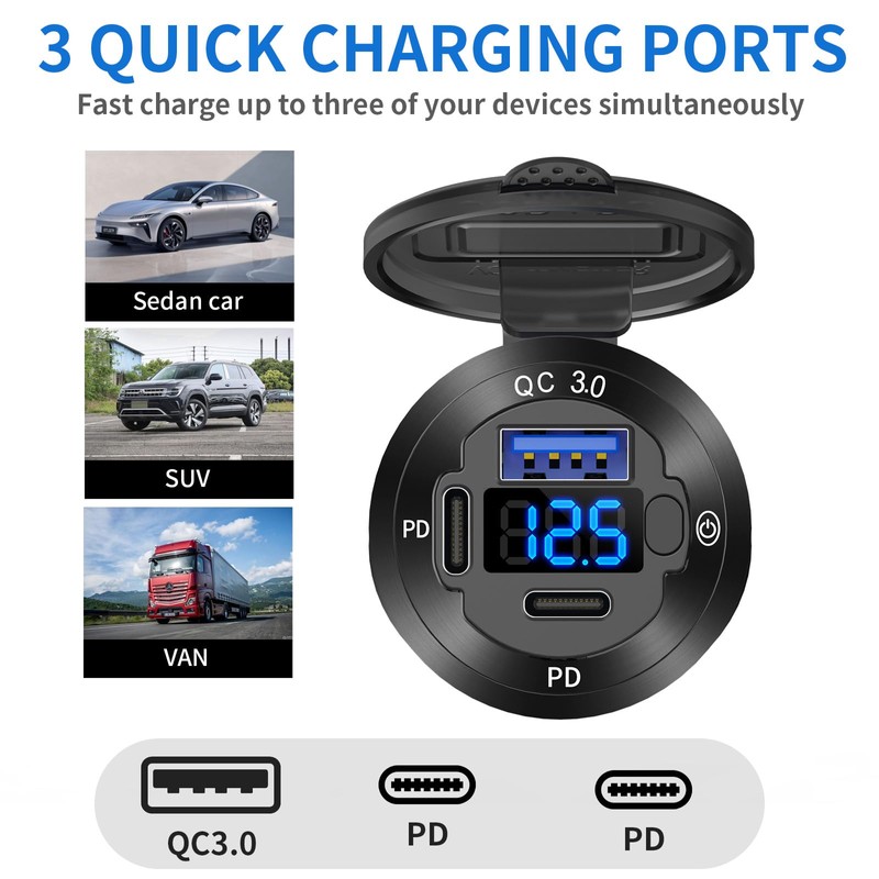 2 Pack 12V USB Outlet 3 Port Car Charger Socket,