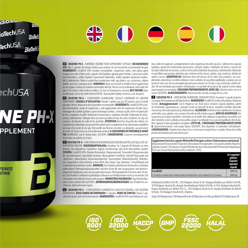 BioTechUSA Creatine Ph-X Kapseln | Gepuffertes Kreatin | 3g CreaBASE