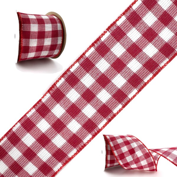 MTCELL Red and White Buffalo Plaid Wired Ribbon - 2.5