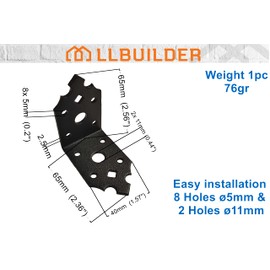 LLB Pack of 10pcs Black Right Angle Brackets 90 Degree Decorative Metal Corner Brace Joint Heavy Duty Powder Coated Ornamental L Shaped Repair Steel Sheet 2.5"x 2.5"x 1.5"x 0,1" (65 x 65 x 40 x 2.5mm)