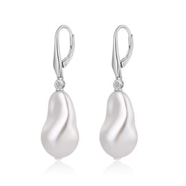 JiaYang Silver Pearl Dangle Earrings for Women 925 Sterling Silver Cubic Zirconia Baroque Pearl Earrings with Fish Hook, CZ Diamond Pearl Earrings Fine Jewellery for Women 8 mm - 10 mm, Sterling