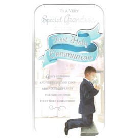 Grandson First Holy Communion Card - Boy Praying in Church Silver Foil 8.75x4"