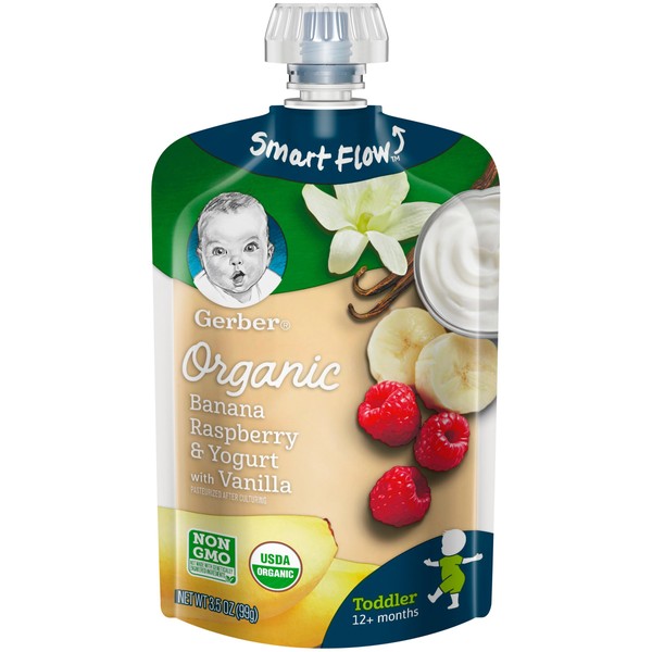 Gerber Purees Organic Banana Raspberry Yogurt Vanilla Toddler Pouch, 3.5