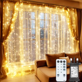 MAGGIFT Christmas Curtain Lights Indoor Outdoor, 252LED 2mx2m Window Fairy Lights, Waterfall Hanging Plug in String Lights with Timer/Remote/8 Modes/Dimmable for Bedroom Wall Party Decor, Warm White