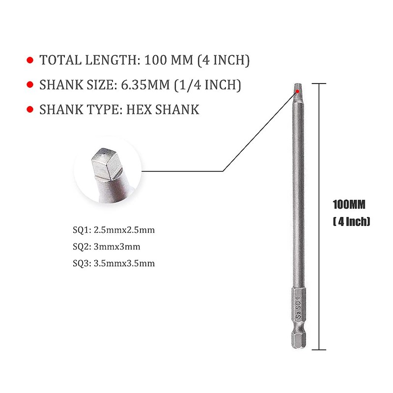 Square Drill Bit Set, 3PCS 100MM Magnetic Square Head Screwdriver