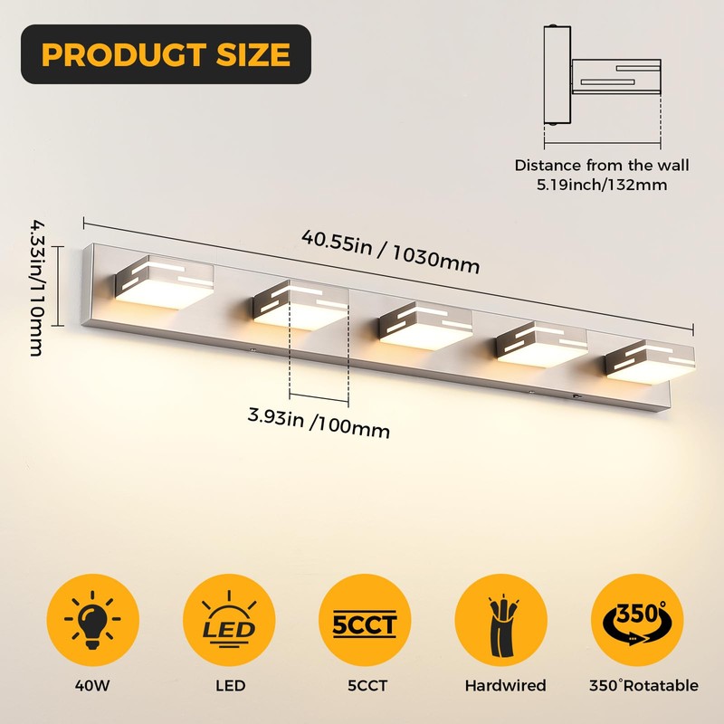MKBNG 5-Light 5CCT Modern Bathroom Vanity Light Fixtures, 40-Inch 350°