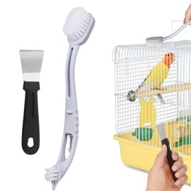 Bird Cage Cleaner Bird Cage Brush with Two Brush Heads Long Handle with Scraper for Cleaning Bird Parrot Cages Kennels Perches (Grey+Black)
