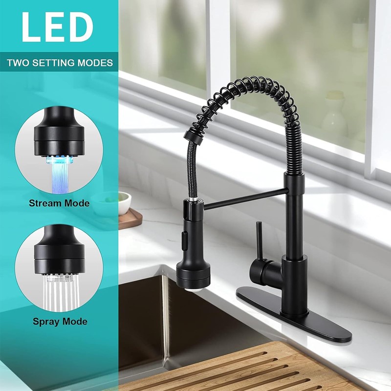 DJS Kitchen Faucets with Pull Down Sprayer LED Light Single