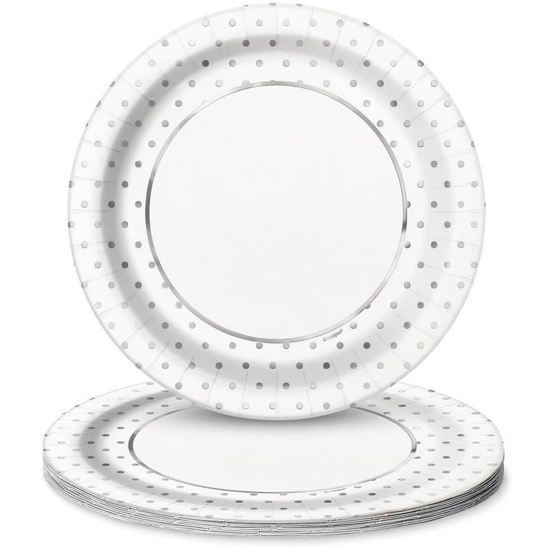 Foil Dots Round Dinner Paper Plates - 9", Silver, 8