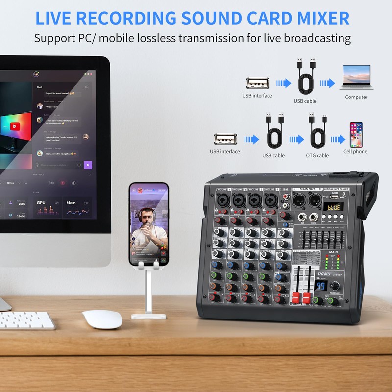 TKLBLS Audio Mixer, 6-Channel Professional DJ Mixer with 99-Bit DSP
