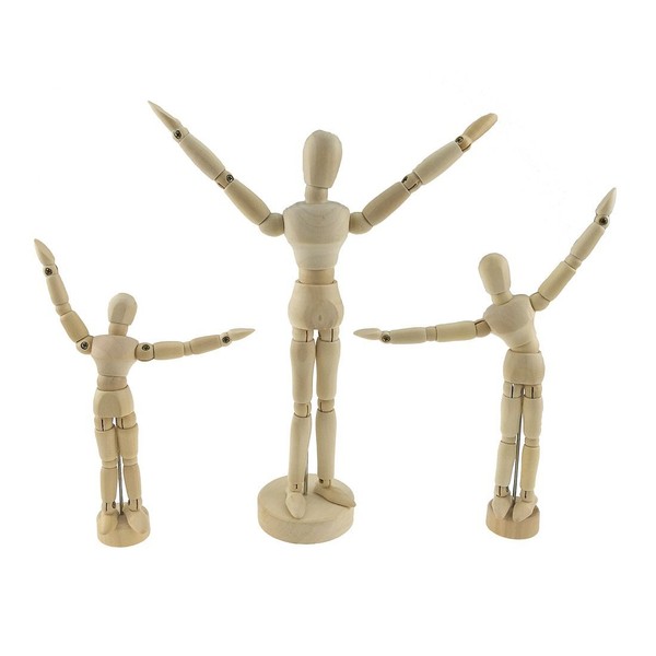 Set of 3 Wood Mannequin Articulated Mannequin with Base Wood