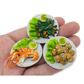 WitnyStore Tiny 1⅜" Seafood Mussels Scallops Prawns 3 Pieces Set Realistic Mini Foods Miniature Hand Made Polymer Clay Food Meal Model Replica Dishes Decorative Collectible Figurine Décor Art Gifts