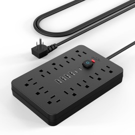 JouleLoom Power Strip Surge Protector with 11 Outlets, 4 USB and 2 USB C Ports, 5 Ft Extension Cord, Flat Plug, Wall Mount, Overload Protection Desk USB Charging Station for Home, Office（Black）