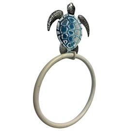 De Leon Collections Bathroom Kitchen Decorative Hand Towel Ring Hanger, 6.5 Inch Metal, Blue Sea Turtle