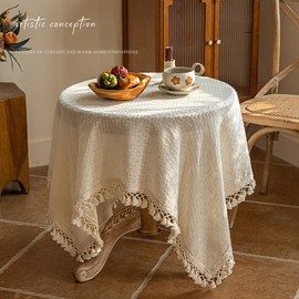 auons Beige Square Tablecloth with Tassels, Cotton Linen Shabby Chic Table Cloths Rustic Farmhouse Table Cover for Wedding Home Party Decoration, 53x53 inch