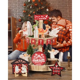 Putuo Decor 17Pcs Christmas Tiered Tray Decorations Set Christmas Nativity Jesus Theme Tray Decor Winter Tiered Tray Decor Angel Jesus Star Wooden Decor Wood Angels Mangers Jesus' Birth Decor