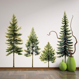 Pine Tree Wall Art - Pine Tree Wall Decal, 38" Wall Stickers Peel and Stick Gold Stamping Walls Murals Decor for Living Room Bedroom Classroom Nursery (Green Gold)