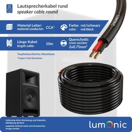 Lumonic Speaker Cable 10 m Black Round CCA HiFi Speaker Cable Audio Round Cable Professional PA Installation Audio Round Cable