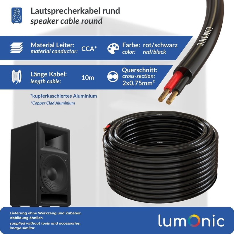 Lumonic Speaker Cable 10 m Black Round CCA HiFi Speaker