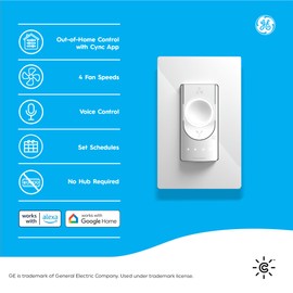 GE CYNC Smart Ceiling Fan Control, Neutral Wire Required, Bluetooth and 2.5 GHz Wi-Fi 4-Wire Smart Switch, Works with Amazon Alexa and Google Home, White