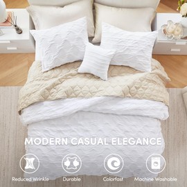 Comfort Spaces Comforter for Queen Size Bed, Ogee Ruched with Crinkle Texture, Breathable Comforter Set Queen, All Season Lightweight Bedding Set, Shams, Décor Pilow, Full/Queen White 4 Piece