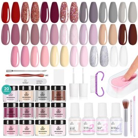 Beetles 30 Pcs Dip Powder Nail Kit Starter - 20 Colors Nude Pink Yellow Gray Glitter Burgundy Graceful Lady Dipping Powder Set for Nail Art Manicure with Base Top Coat Activator Brush DIY Salon Gift - Color: Graceful Lady