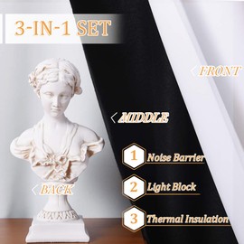 RYB HOME Noise Reduce 100% Blackout Thermal Insulating 3 in 1 Set Curtains 3 Layers Heavy Curtains for Bedroom Living Room Divider Curtains High Ceiling Window, Pure White, W 52 x L 108 inches, 2 Pcs