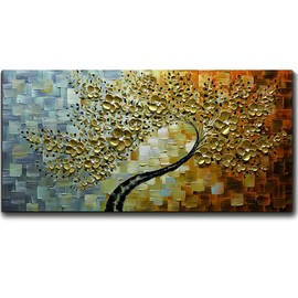 V-inspire Art,24x48 Inch Modern Hand Painted Abstract Lucky Tree Canvas Art Golden Flower 3D Oil Painting Canvas Living room bedroom dining room Wall Decoration Wood Inside Framed Ready to Hang