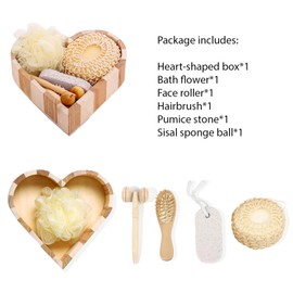 JWDREAMWAY 5Pcs Bath Shower Set in Heart Wooden Trinket Box Hair Brush for Women,Birthday Gifts,Bath & Shower Spa Basket Gift Set for Women for Body Back Legs and Foot,Gift for Mom