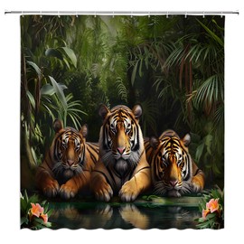 GCTNBJL Rainforest Tiger Shower Curtain Tropical Forest Jungle Animal Tree Plant Lake Nature Scenery Landscape Green Brown Bathroom Home Curtain with Hooks,70x70 Inch