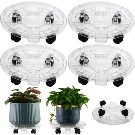 KvyusFlourish 4 Packs 11.8 Inches Large Clear Plant Caddy Plant Saucers on Wheels Rolling Plant Stands Heavy-duty Plant Dolly Plastic Planter Roller Base Pot Movers Outdoor Plant Tray Coaster