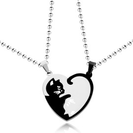 Uloveido A Pair of Titanium Cute Cat Puzzle Matching Necklaces Set Couples Stainless Steel Animal Necklace Valentine's Gift for Boy and Girl SN156 (Heart-Black&White)