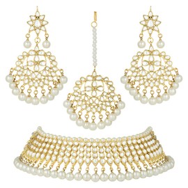 Aheli Ethnic Wedding Wear Faux Kundan Collar de cuentas (blanco) con Maang Tikka Set Joyería de moda india para mujeres