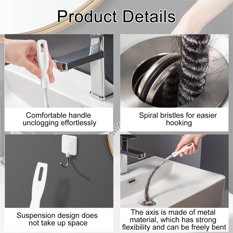 EUZUXU 3Pcs 45cm Sink Cleaning Brush, Drain Unblocker Tool Brush,