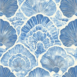 LaiTique Coastal Shell Wallpaper – Blue Seashell Peel and Stick Wallpaper, Self-Adhesive Vinyl with Watercolor Ocean Motif for Beach House or Nautical Decor, 17.7in x 118in