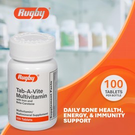 Rugby Tab-A-Vite Multivitamin with Iron and Beta-Carotene - Daily Multivitamin for Adults, Supports Overall Health, Multimineral Supplement - 100 Tablets