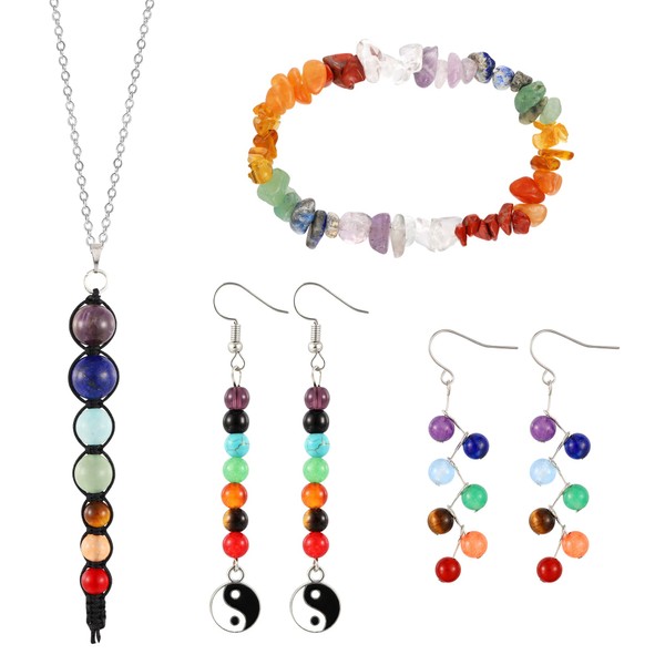 Natural 7 Chakra Stone and Healing Crystals Jewelry Set, Lava