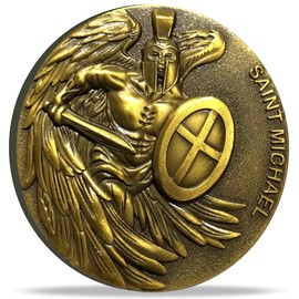 Saint Michael Guardian Challenge Coin Antique Gold Christian Lucky Coin with Psalm 91:10-11 Bible Verses Gift (Single Coin)