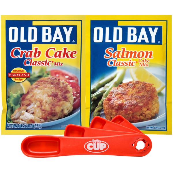 Old Bay Seasoning Classic Mix Variedad, pastel de cangrejo, pastel de salmón, 1 de cada uno con cuchara giratoria By The Cup
