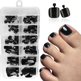240Pc Short Press On Toenails, Black Fake Toe Nail Press Ons for Women Perfect Fit Toe Press on Nails with Jelly Glue Reusable Acrylic False Toenail Kit