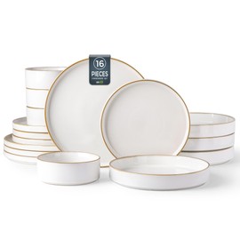 GBHOME Ceramic Dinnerware Sets With Double Bowl for 4, 16 Pieces Stoneware Plates and Bowls Set, Reactive Glaze Dishes -Scratch Resistant, Dishwasher&Microwave Safe-Pearl White